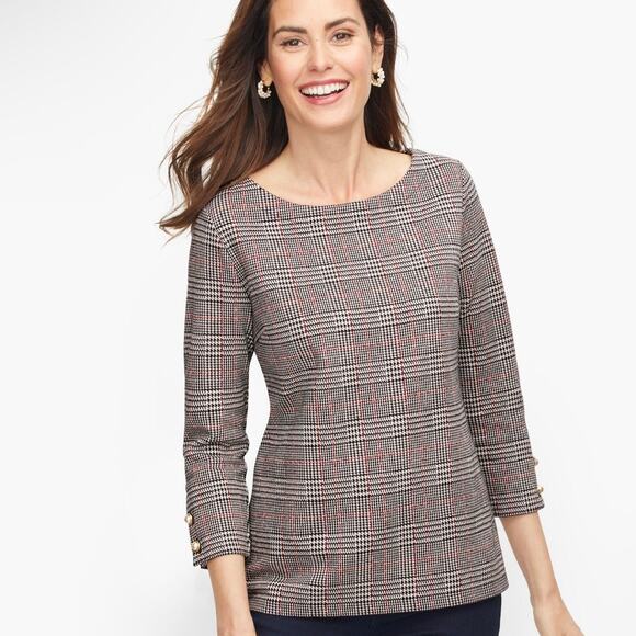 Talbots Plaid Pearl Button Cuff Houndstooth Plaid Top - Picture 1 of 7